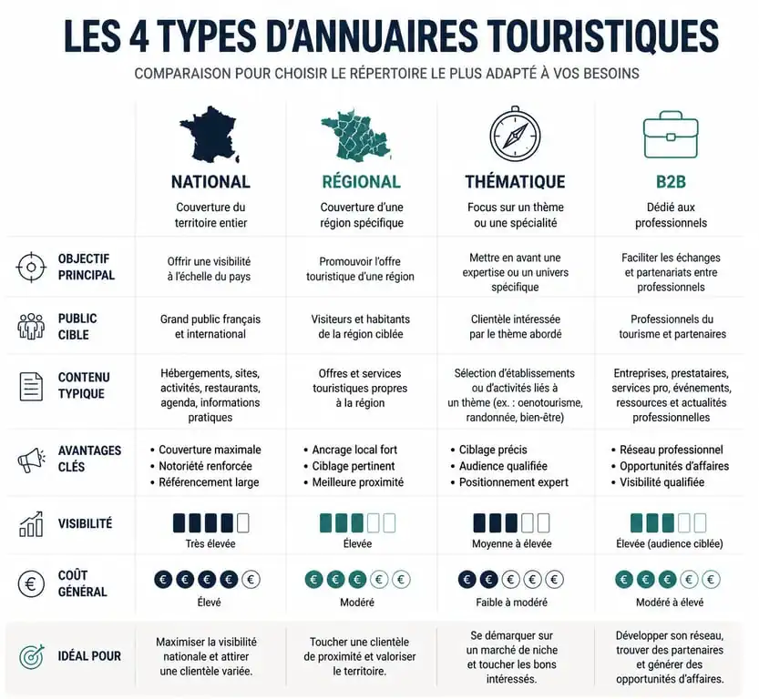 Infographie comparative des types d'annuaires tourisme pour professionnels et voyageurs