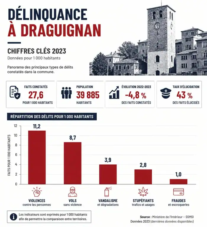 Statistiques de la délinquance à Draguignan : analyse des taux de criminalité par type de délit pour 1000 habitants.