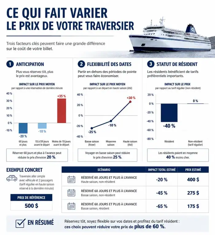 Infographie des facteurs influençant le prix d'un billet de ferry sur Mr Ferry