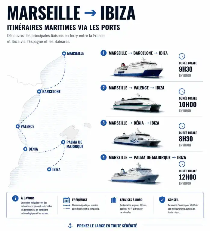 Infographie des itinéraires maritimes pour un voyage en bateau de Marseille à Ibiza via l'Espagne et Majorque