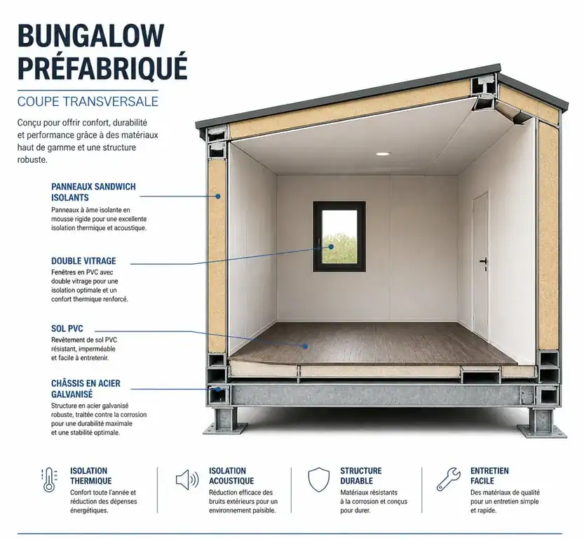 Schéma technique de la structure d'un bungalow préfabriqué montrant l'isolation et le châssis