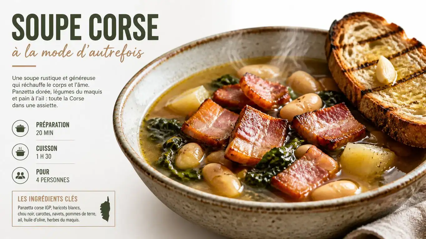 Soupe corse traditionnelle à la panzetta dans une assiette rustique
