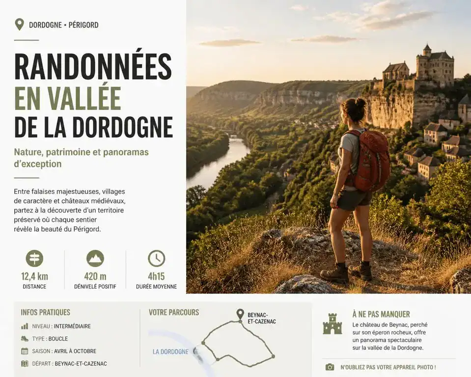 Sentier de randonnée offrant une vue panoramique sur la vallée de la Dordogne et ses châteaux, illustrant les plus belles randonnées en Dordogne.