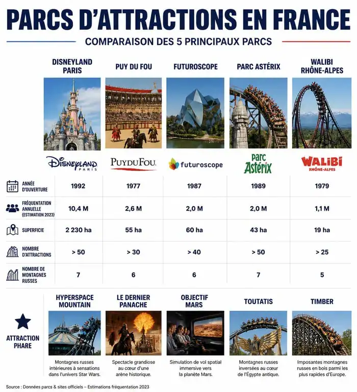 Infographie comparative des principaux parcs d'attractions en France