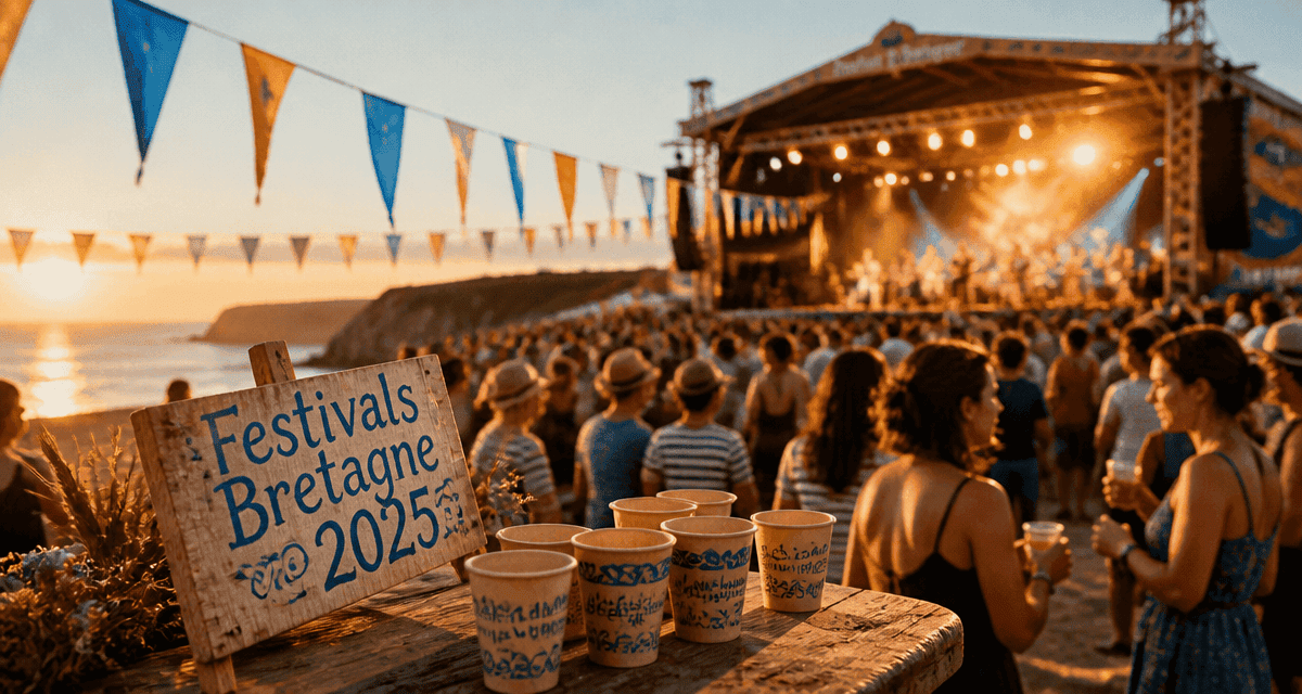 Scène festive festivals Bretagne 2025 au coucher du soleil