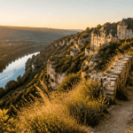 Les plus belles randonnées en Dordogne, sentier au lever du soleil avec châteaux