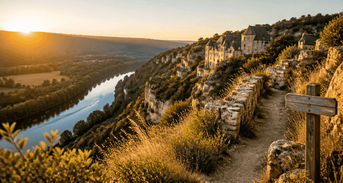 Les plus belles randonnées en Dordogne, sentier au lever du soleil avec châteaux