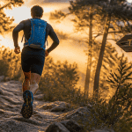 Running trail, coureur sur sentier forestier au lever du soleil