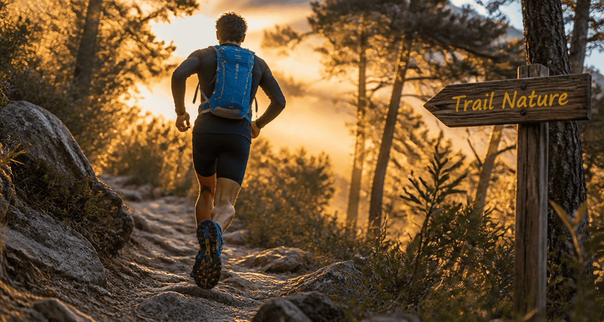 Running trail, coureur sur sentier forestier au lever du soleil