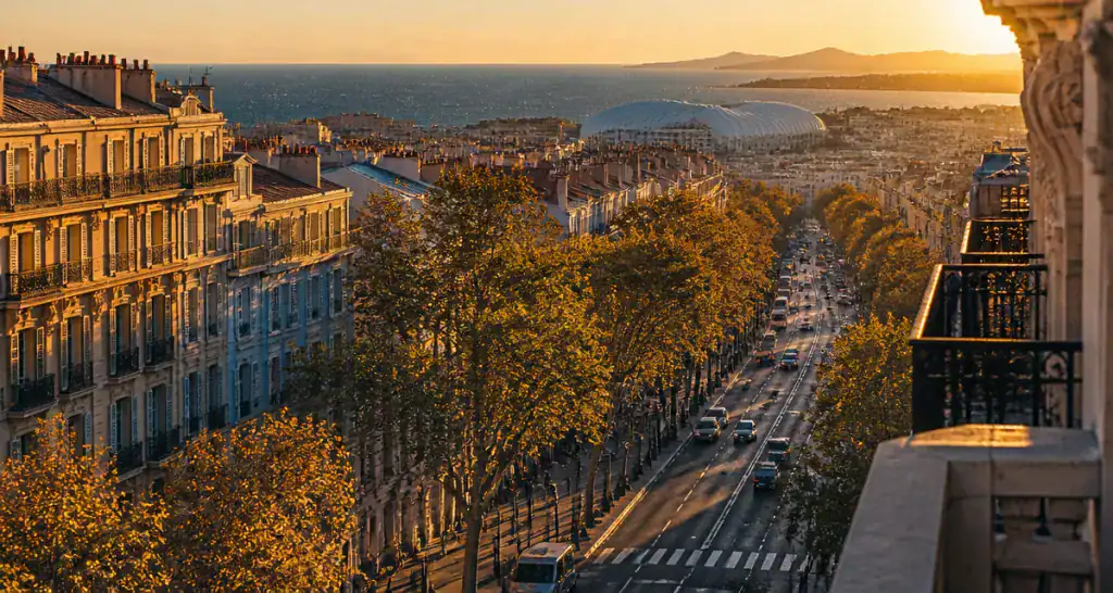 avenue du prado marseille au coucher du soleil
