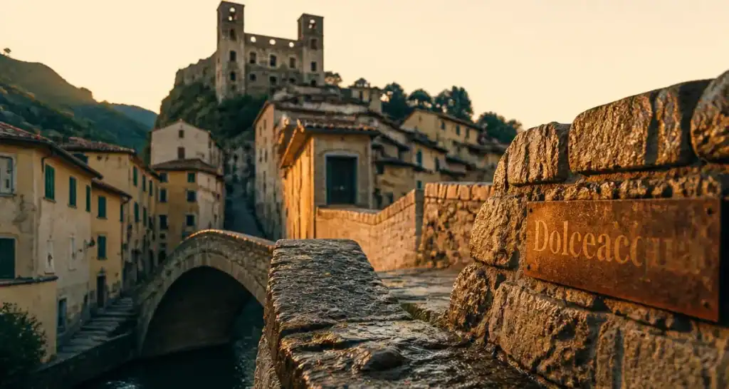 Dolceacqua, beaux villages autour de San Remo : pont médiéval au coucher du soleil