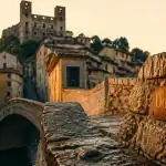 Dolceacqua, beaux villages autour de San Remo : pont médiéval au coucher du soleil