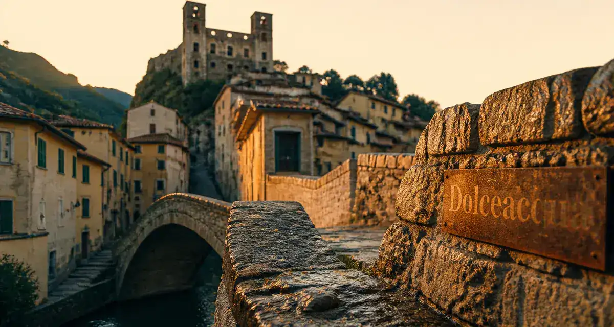 Dolceacqua, beaux villages autour de San Remo : pont médiéval au coucher du soleil