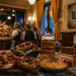 Brasserie munichoise : intérieur bavarois, bretzels et bières Helles