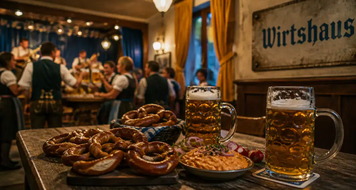 Brasserie munichoise : intérieur bavarois, bretzels et bières Helles