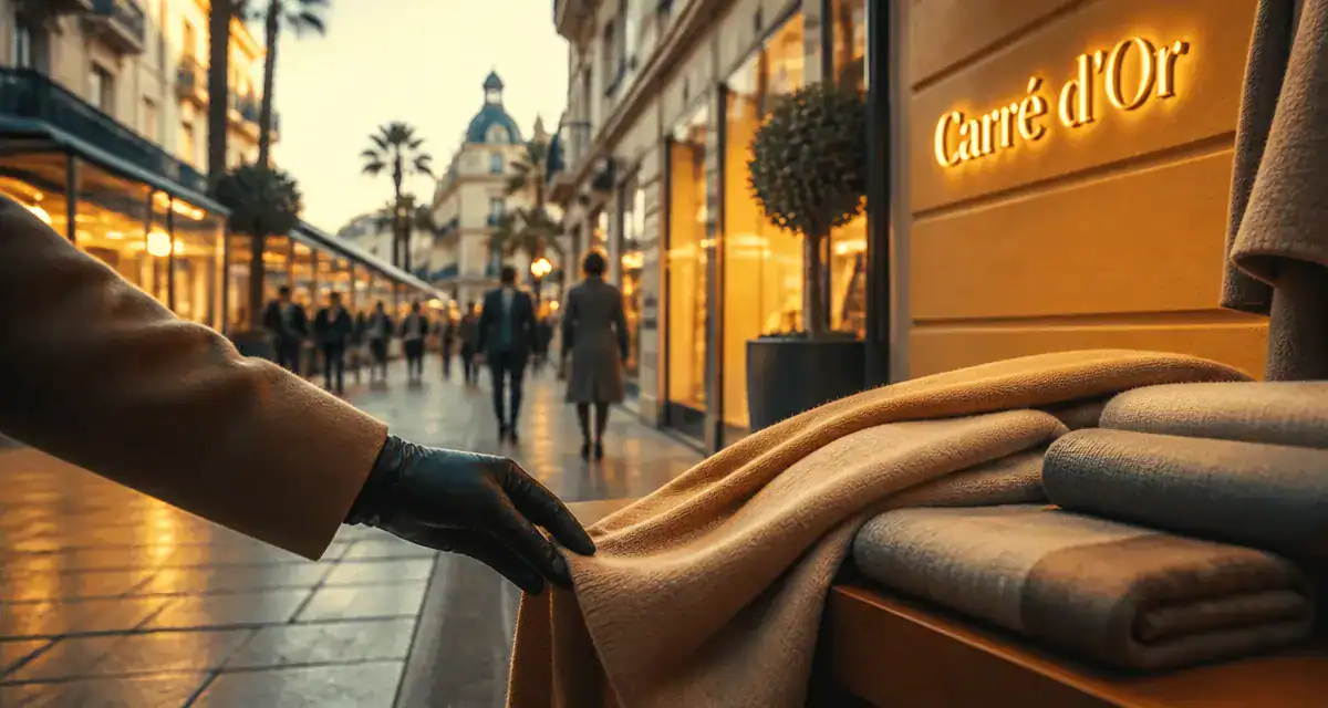 Carré d’Or Cannes, rue piétonne chic avec vitrines et enseigne lumineuse