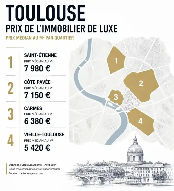 Infographie des prix de l'immobilier de luxe à Toulouse par quartier