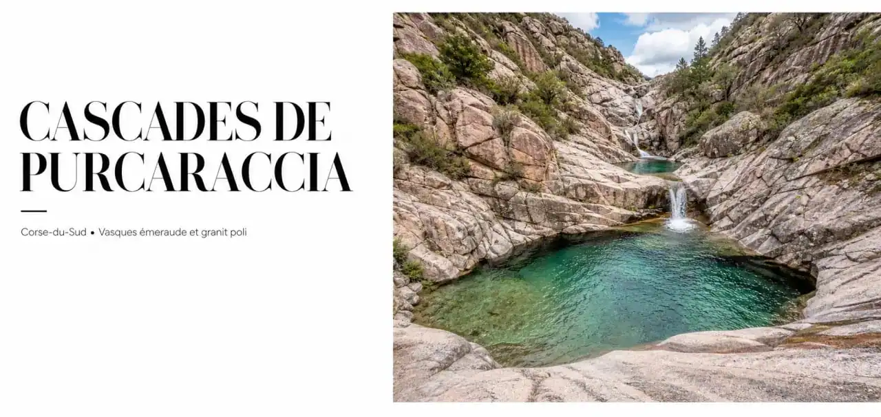 Cascades de Purcaraccia en Corse : vasques d'eau émeraude et rochers de granit dans le massif de Bavella