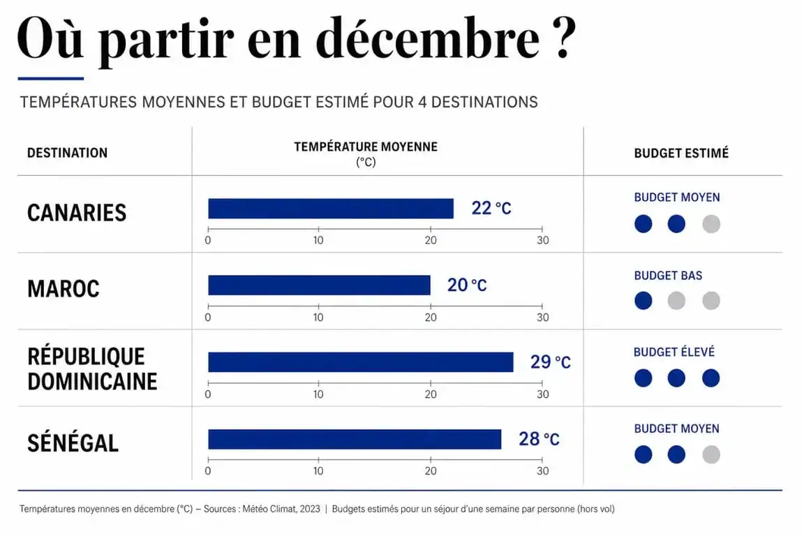 Tableau comparatif des destinations pour un voyage pas cher dans un pays chaud en décembre