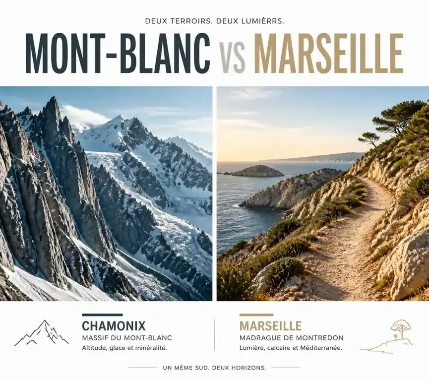 Comparaison visuelle entre le sentier alpin du Chemin du Mauvais Pas à Chamonix et le quartier côtier du Chemin du Mauvais Pas à Marseille