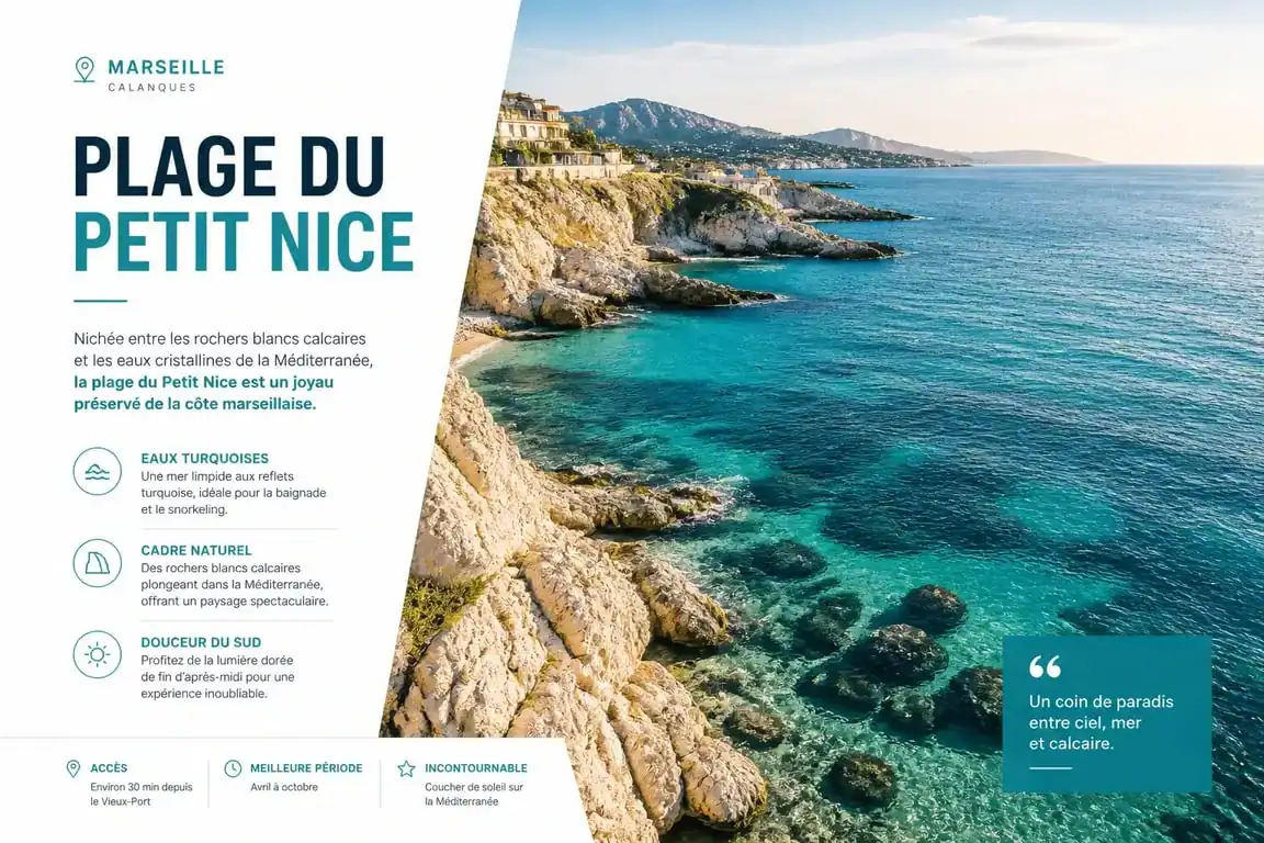 Vue panoramique des rochers blancs et de l'eau turquoise de la plage du Petit Nice à Marseille