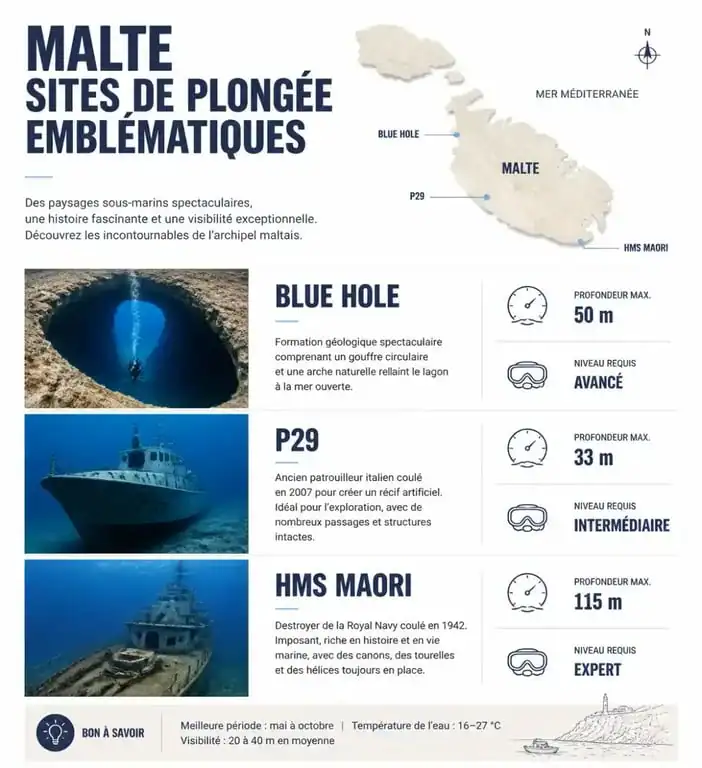 Infographie des meilleurs sites de plongée à Malte pour préparer son séjour sous-marin