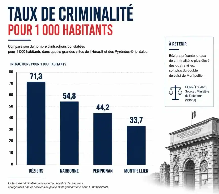 Comparatif du taux de délinquance pour 1000 habitants entre Béziers et d'autres villes du sud de la France