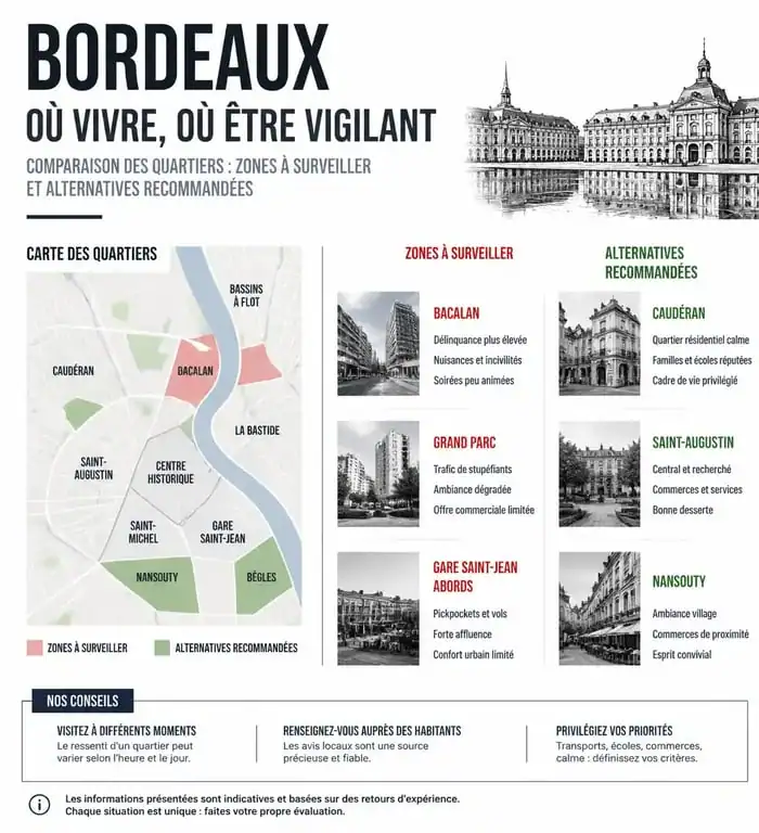 Infographie comparative des quartiers de Bordeaux à éviter et alternatives recommandées pour un investissement immobilier.