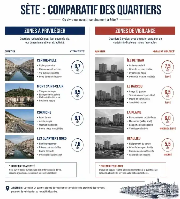Infographie comparative des quartiers de Sète pour choisir son lieu d'installation