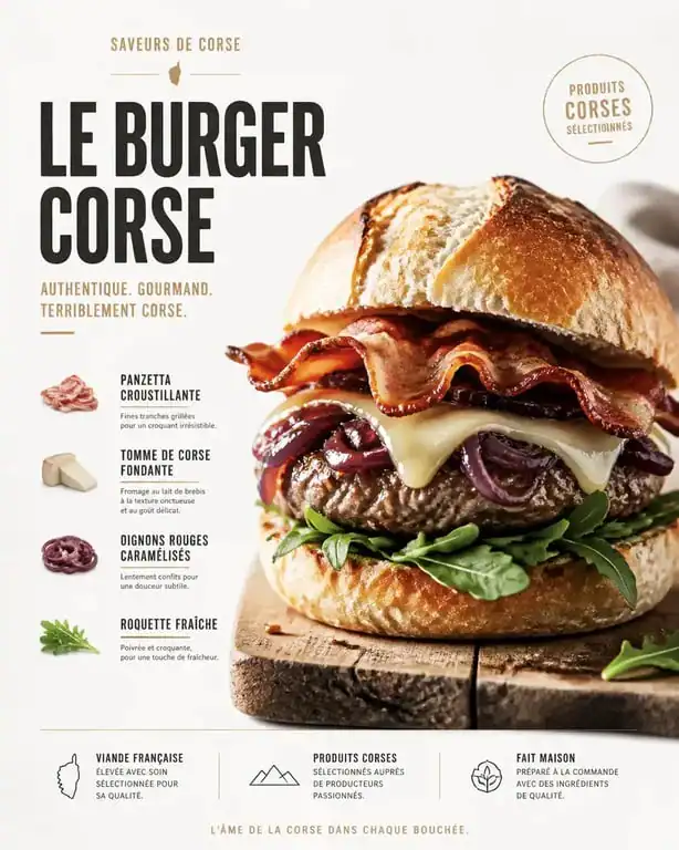 Burger du Maquis, un exemple de fast food en Corse revisité avec des produits du terroir.