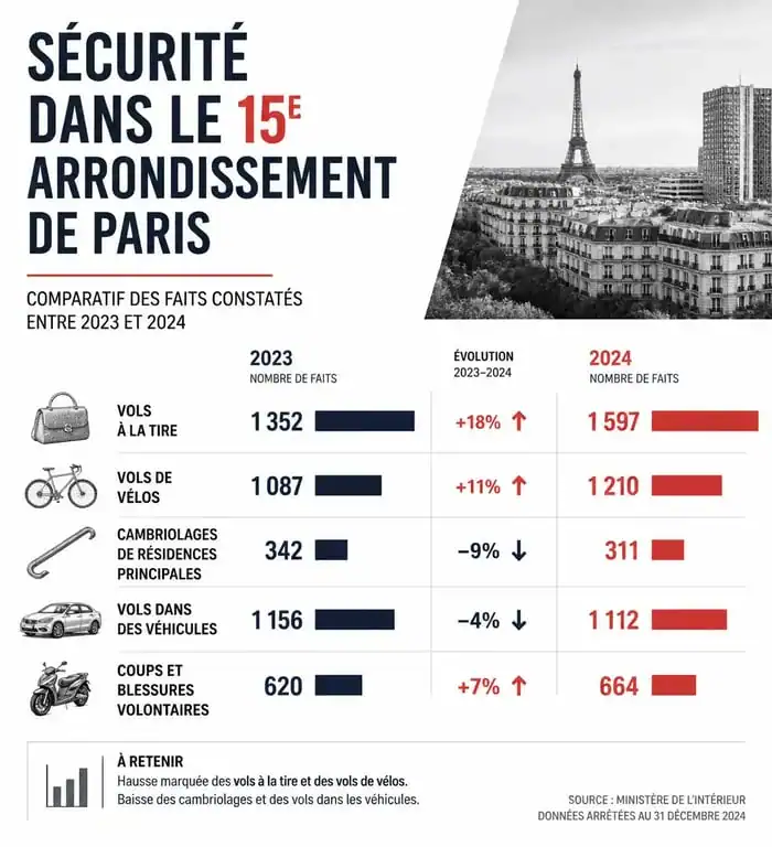Statistiques de la délinquance dans le 15e arrondissement de Paris : cambriolages et atteintes aux personnes.