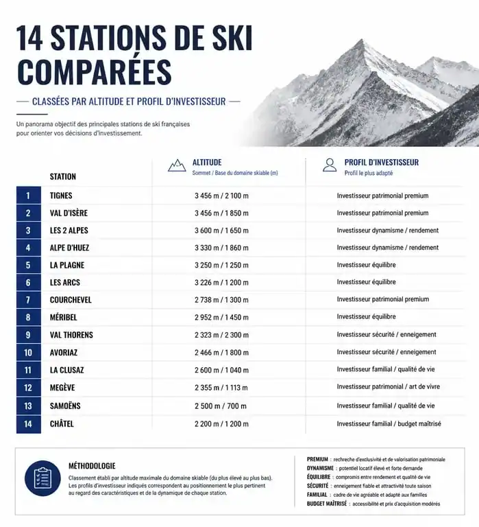 Tableau comparatif des 14 meilleures stations de ski où investir en immobilier, classées par altitude et profil d'investisseur.