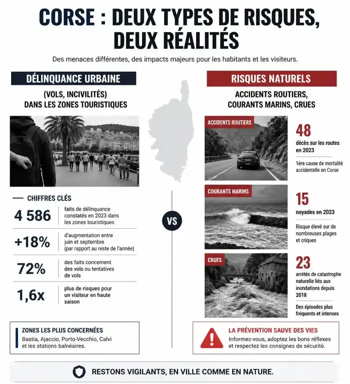 Infographie des risques en Corse : distinction entre criminalité urbaine et dangers naturels pour les voyageurs