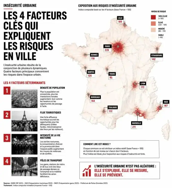 Infographie des facteurs influençant la délinquance et l'insécurité urbaine en France