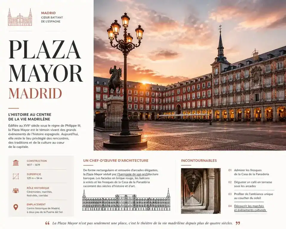 Que faire à Madrid : vue emblématique de la Plaza Mayor, lieu incontournable pour les touristes.