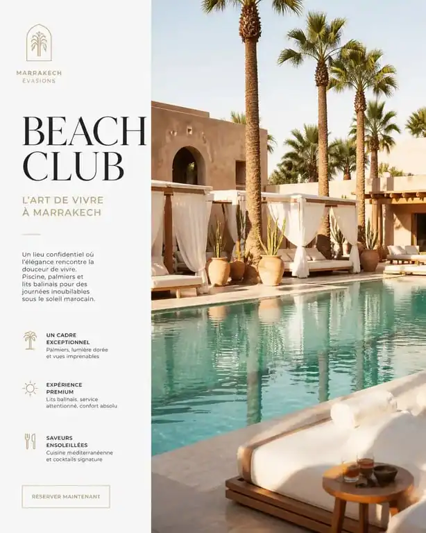 Ambiance d'un beach club à Marrakech avec piscine et palmiers pour une journée détente