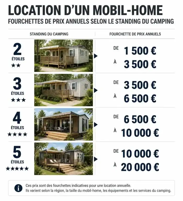 Infographie des tarifs de location de mobil-home à l'année selon le standing du camping