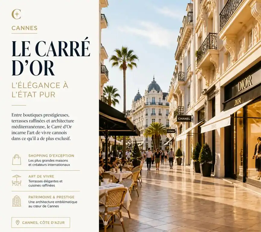 Vue des boutiques de luxe et de l'ambiance chic du Carré d'Or à Cannes