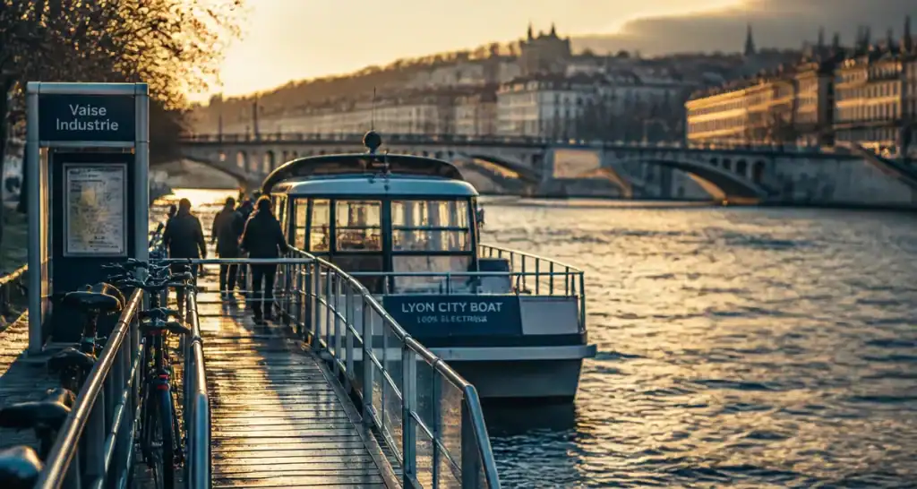 Le vaporetto navette fluviale Lyon arrêt Vaise, quai fluvial à Vaise