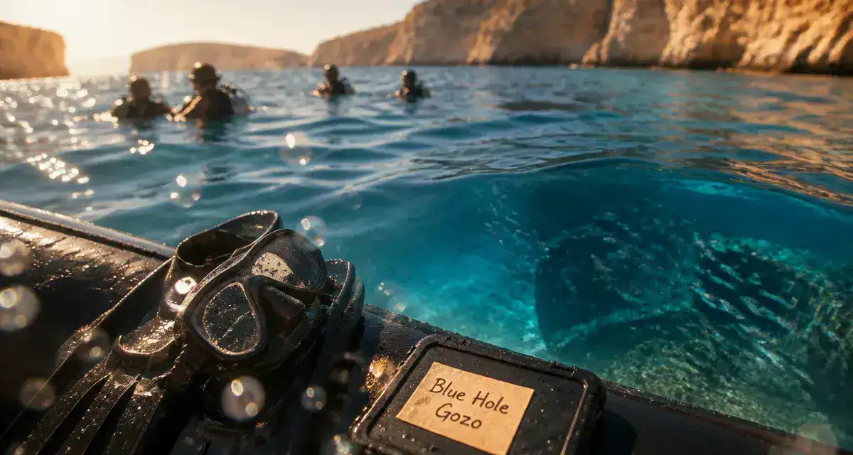 Malte plongée : épave du Blue Hole Gozo, zodiac et plongeurs au-dessus de l’eau turquoise