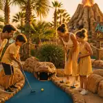 mini golf hyeres famille devant volcan