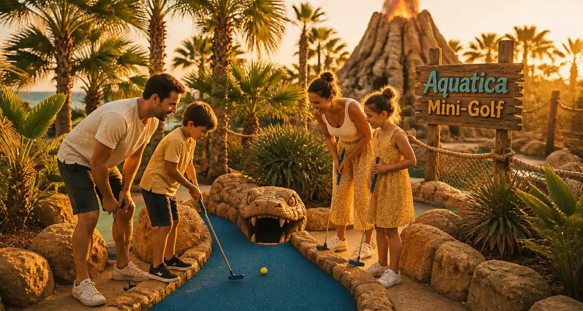 mini golf hyeres famille devant volcan