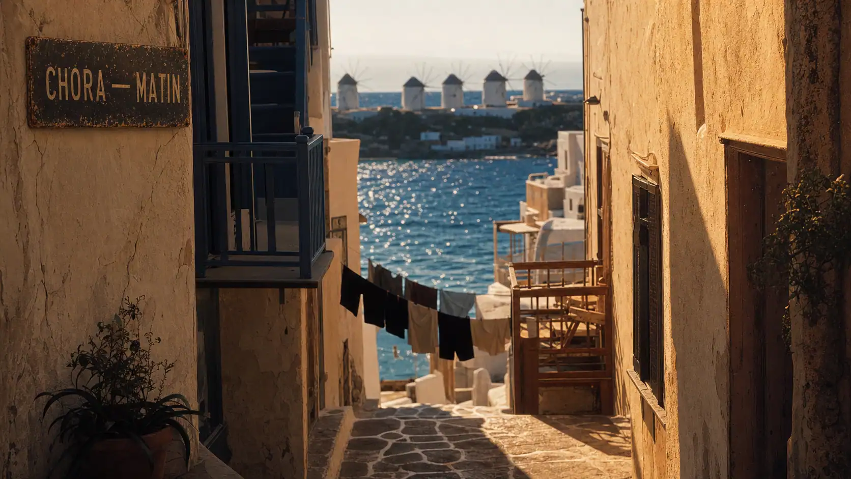 Mykonos visite : ruelles de Chora au lever du soleil, mer Égée et moulins à vent