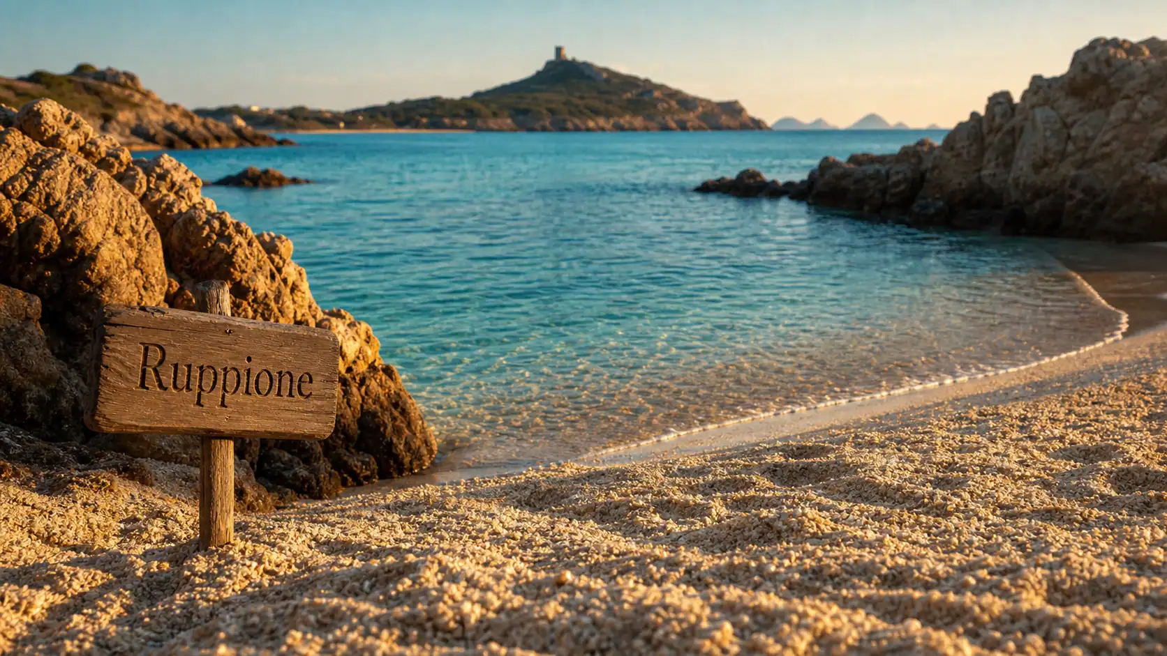 Ruppione plage à Pietrosella, eau turquoise et sable au golden hour