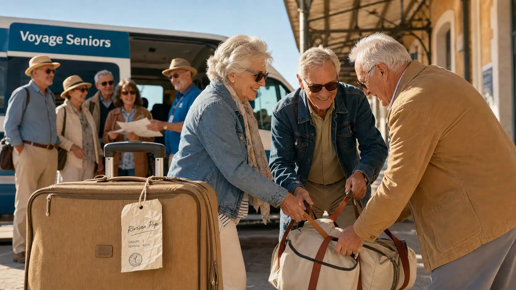 Voyages organisés pour personnes seules 60 ans : seniors en gare ensoleillée, groupe avec accompagnateur