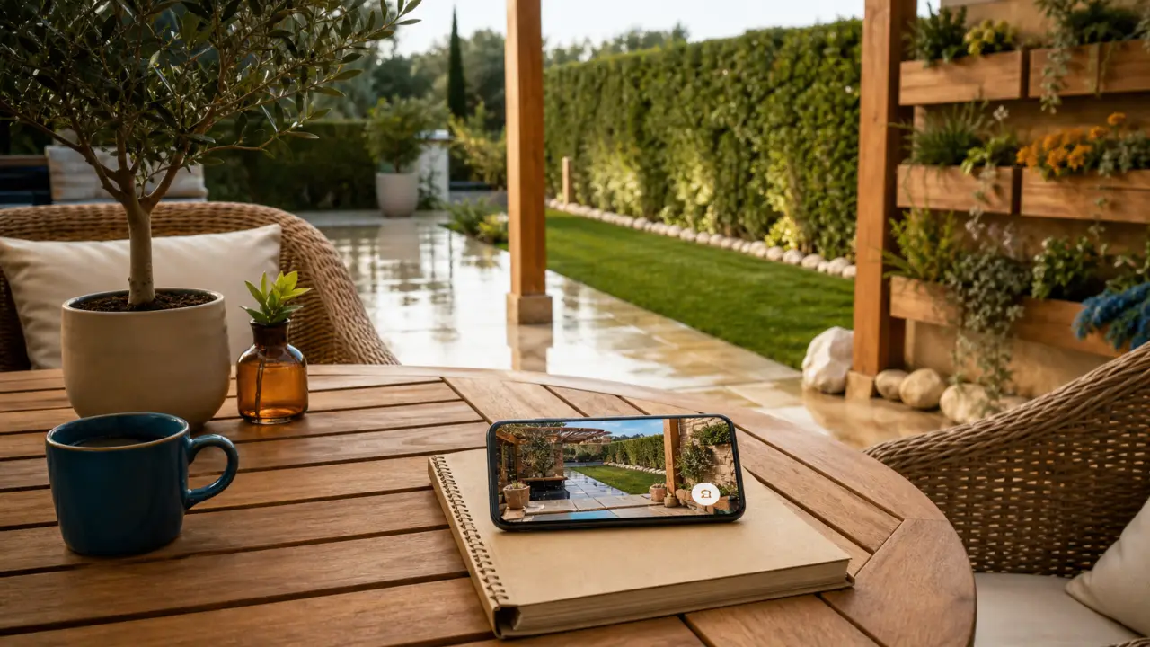 Aménagement jardin IA gratuit sur smartphone, terrasse jardin inspirée