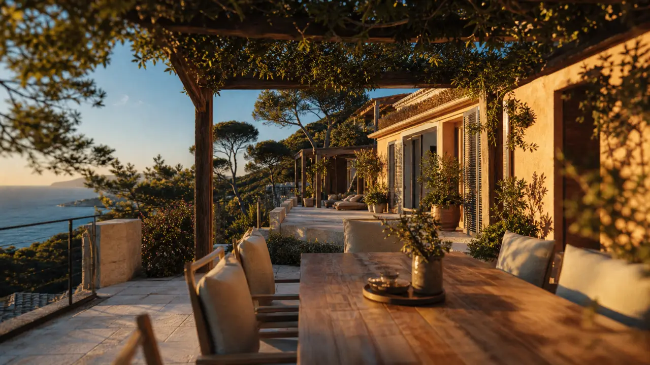 Architecture cote d azur : terrasse en restanques, vue mer et maison contemporaine