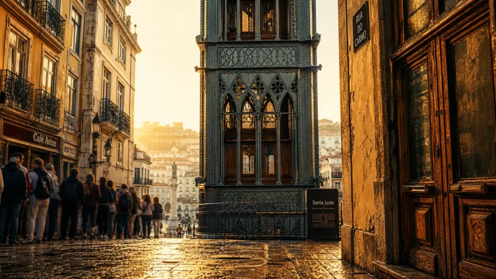 Ascenseur de Santa Justa à Lisbonne, vue depuis la Rua do Carmo, file de touristes