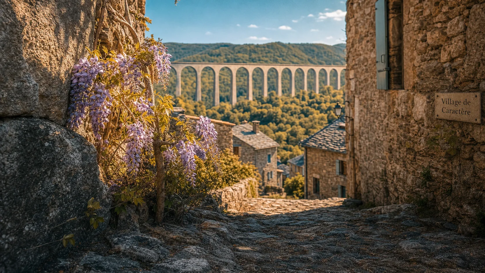 Aumessas : calades et viaduc ferroviaire, pierres et fleurs