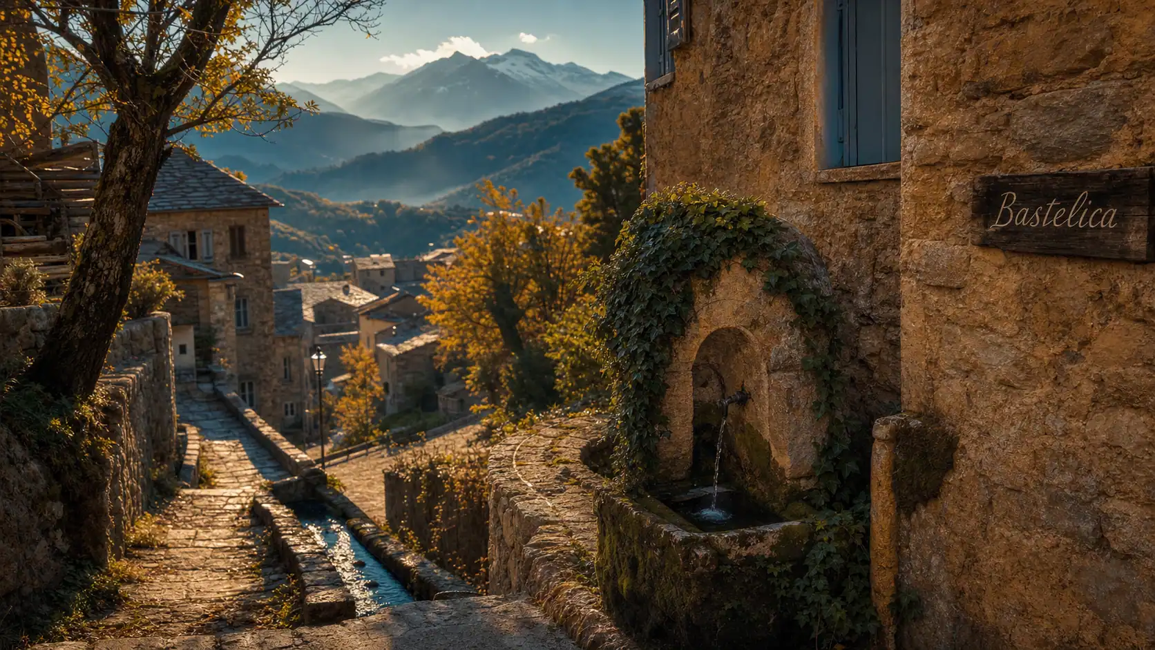 Photo Bastelica corse : ruelles, fontaine et Monte Renoso